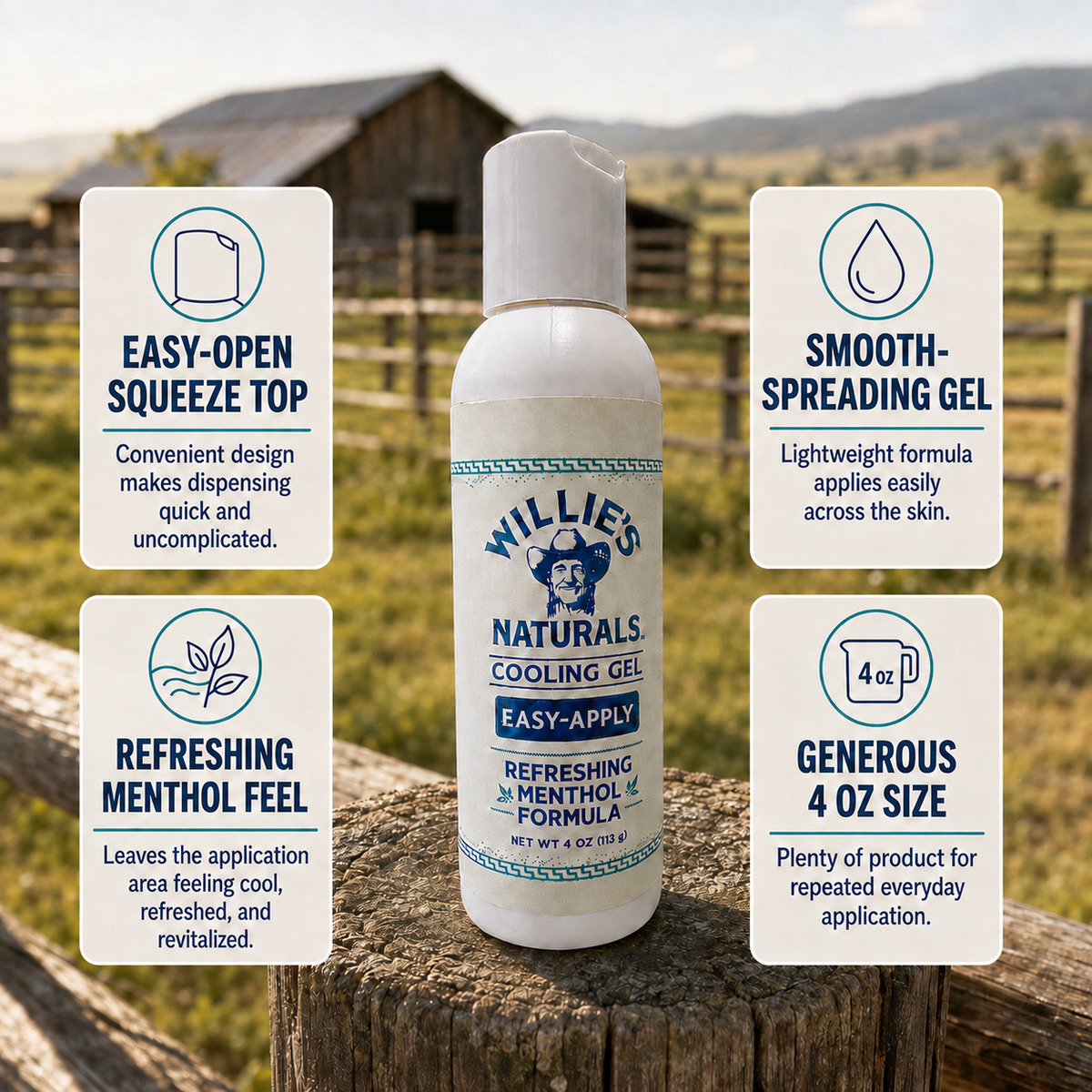 Willie's Naturals Cooling Gel - 4oz Easy Apply Squeeze - Refreshing Menthol Formula