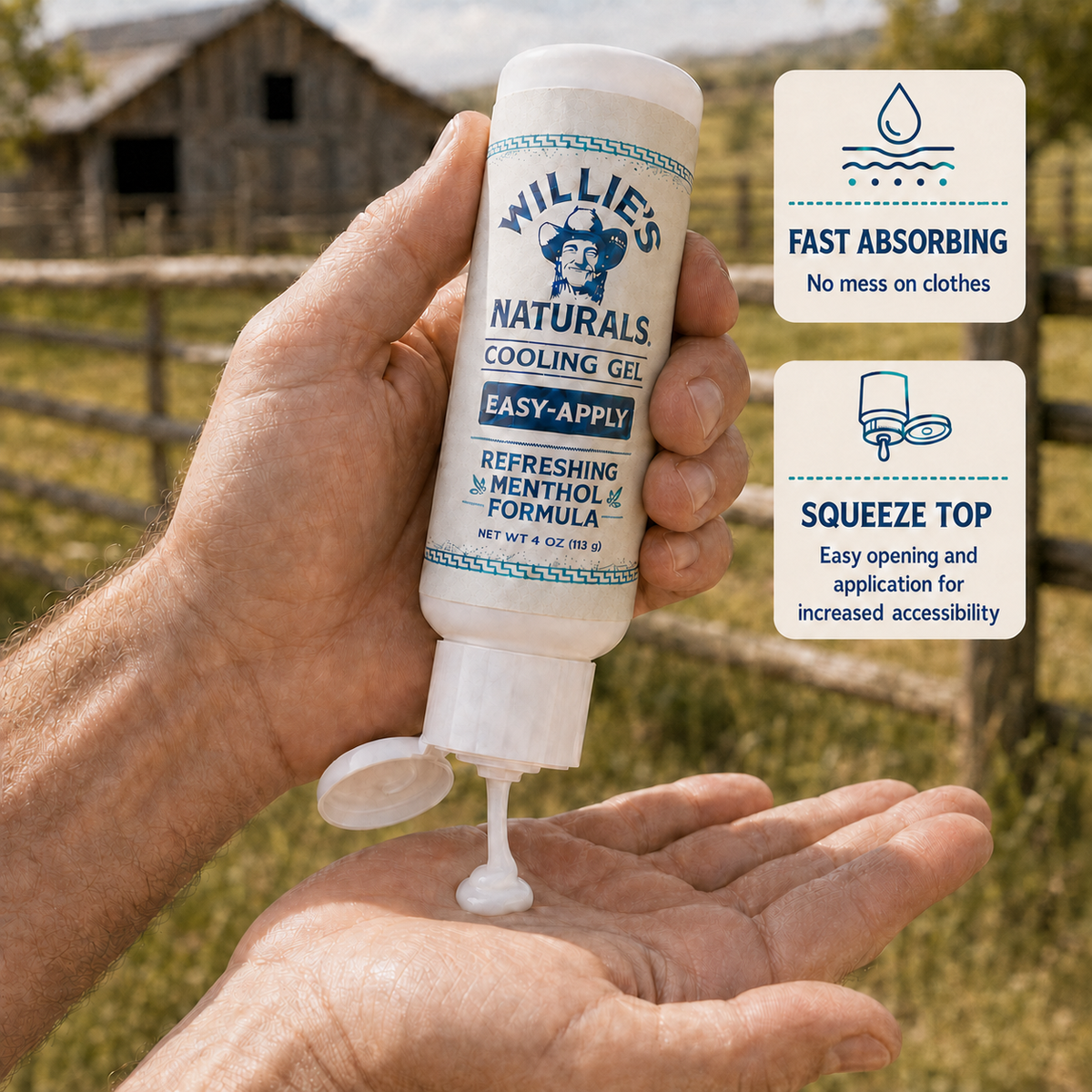 Willie's Naturals Cooling Gel - 4oz Easy Apply Squeeze - Refreshing Menthol Formula